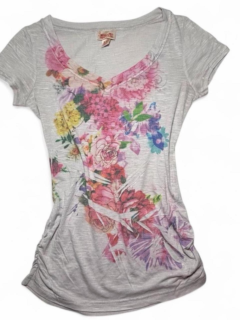 Y2K Floral Print Sheer Short Sleeve Tee - Gray